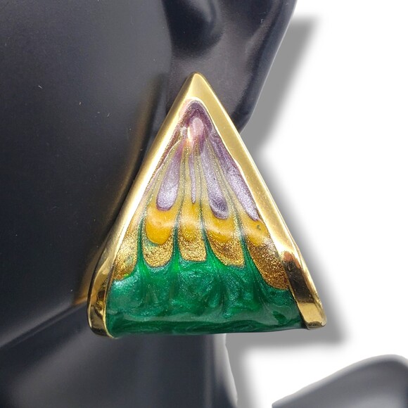 Vintage Gold Tone Enamel Curved Earrings Purple Yellow Green Geometric Retro - Picture 1 of 7